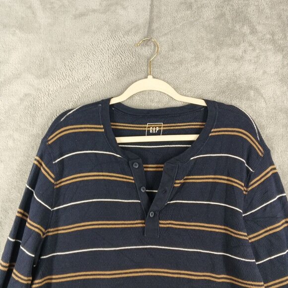 GAP Men Fall Henley Sweater Size LARGE Striped Knit 100% Cotton Pullover Casual - Picture 2 of 11